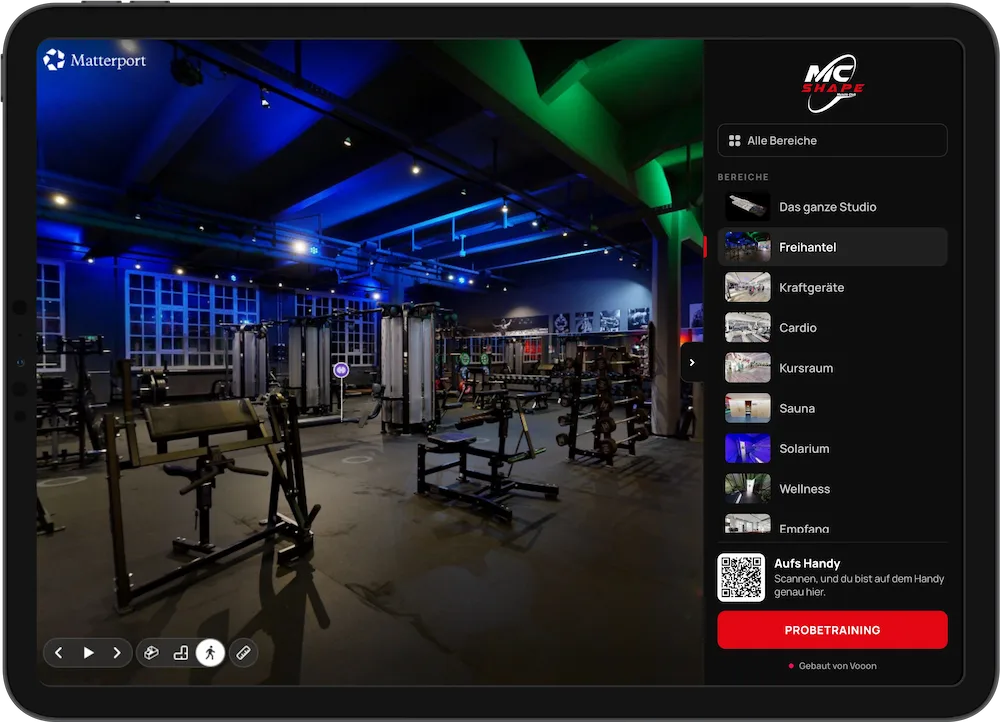 iPad mit dem McShape-Rundgang an der Freihantelfläche